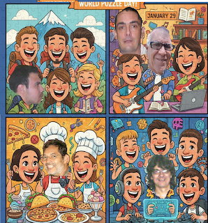 Four-panel cartoon collage of cheerful caricature people celebrating World Puzzle Day with cooking, music, and laptops
