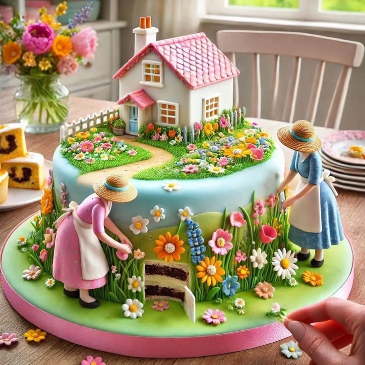 Decorated garden cake with a small house, colorful flowers, and two figurines in straw hats