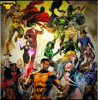 Comic book ensemble of colorful superheroes and villains in dramatic action poses