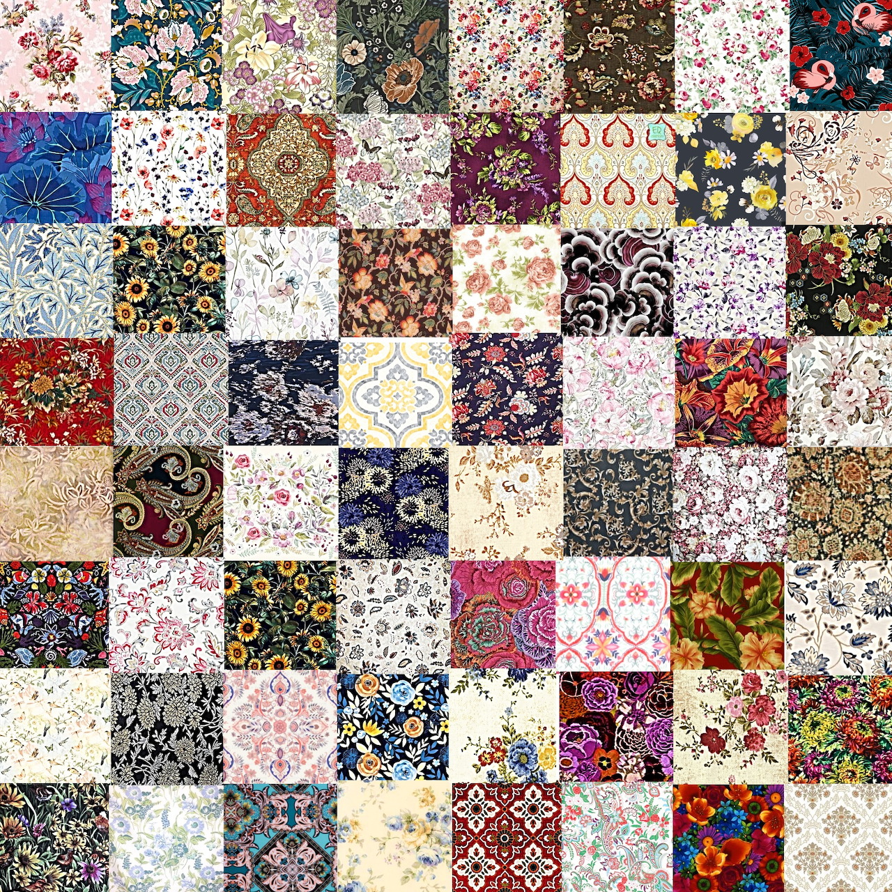 Colorful patchwork quilt with floral and paisley fabric squares arranged in an 8x8 grid pattern