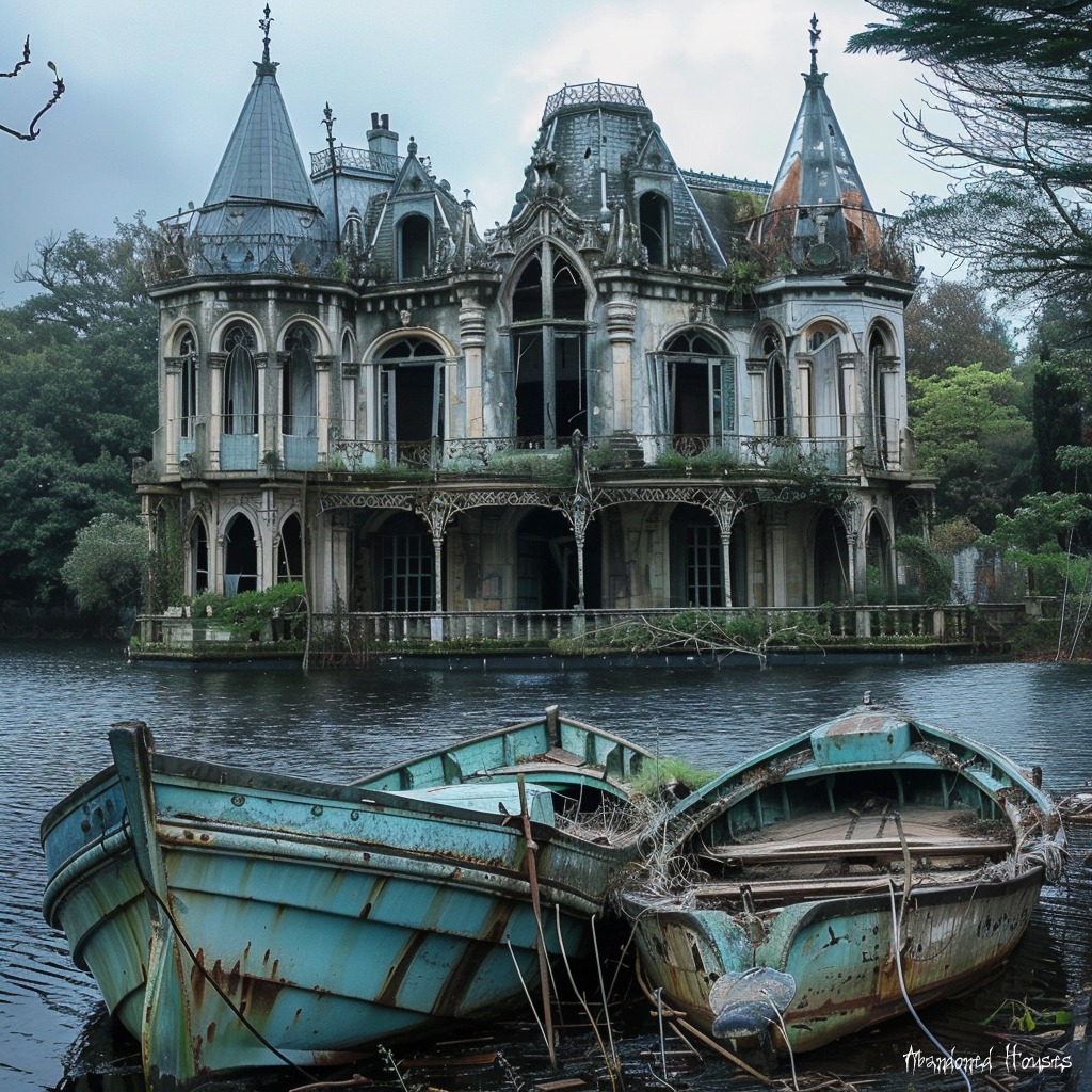 Abandoned Victorian mansion with turrets and ornate details, two old turquoise boats in foreground by water