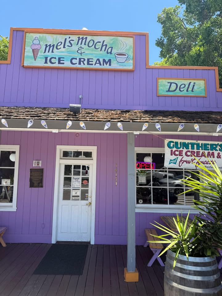 Purple storefront of Mel's Mocha Ice Cream with deli sign, front door, windows, and potted plants
