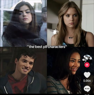 Four-panel collage of young characters from Pretty Little Liars with text overlay and app icons