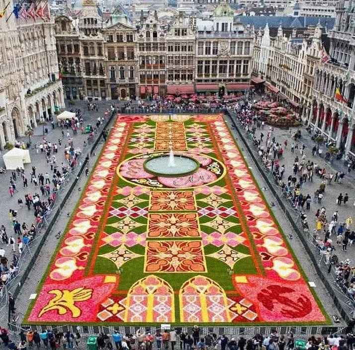 Aerial view of Brussels Grand Place with a large colorful flower carpet and people around it
