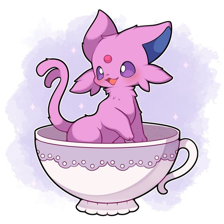 Cute pink Espeon illustration sitting inside a teacup on a pastel background