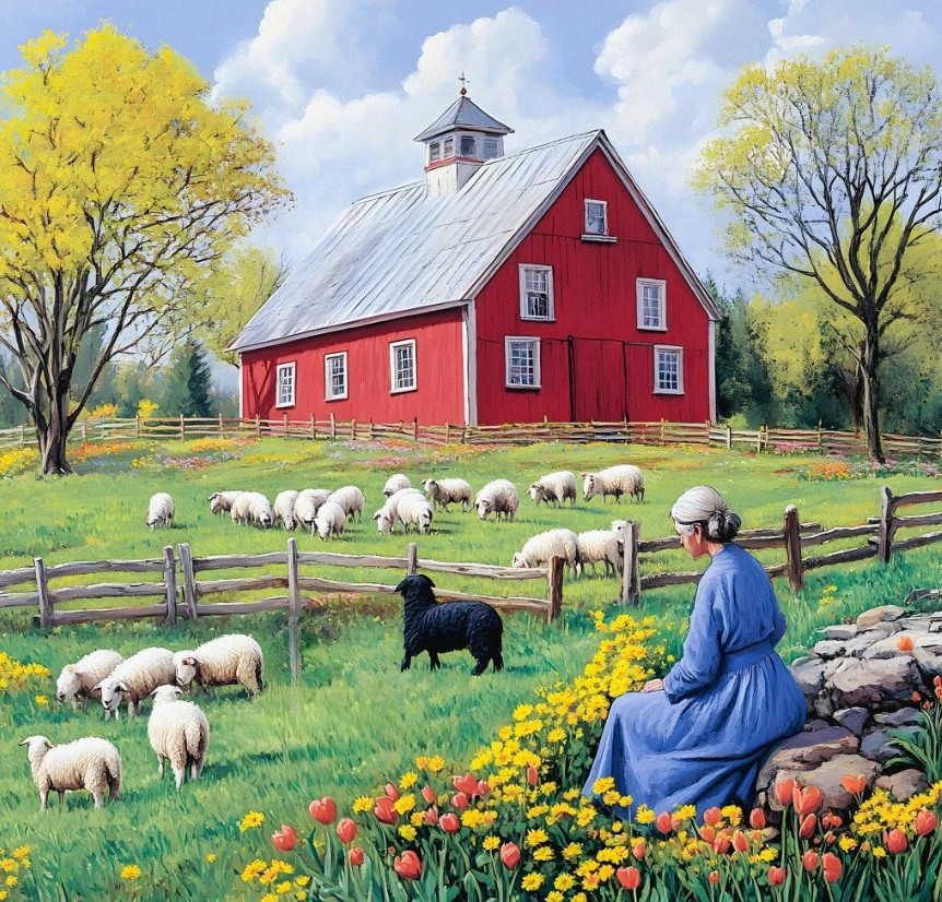 Woman sitting by flower garden watching sheep graze near red barn on spring farm with trees and fence