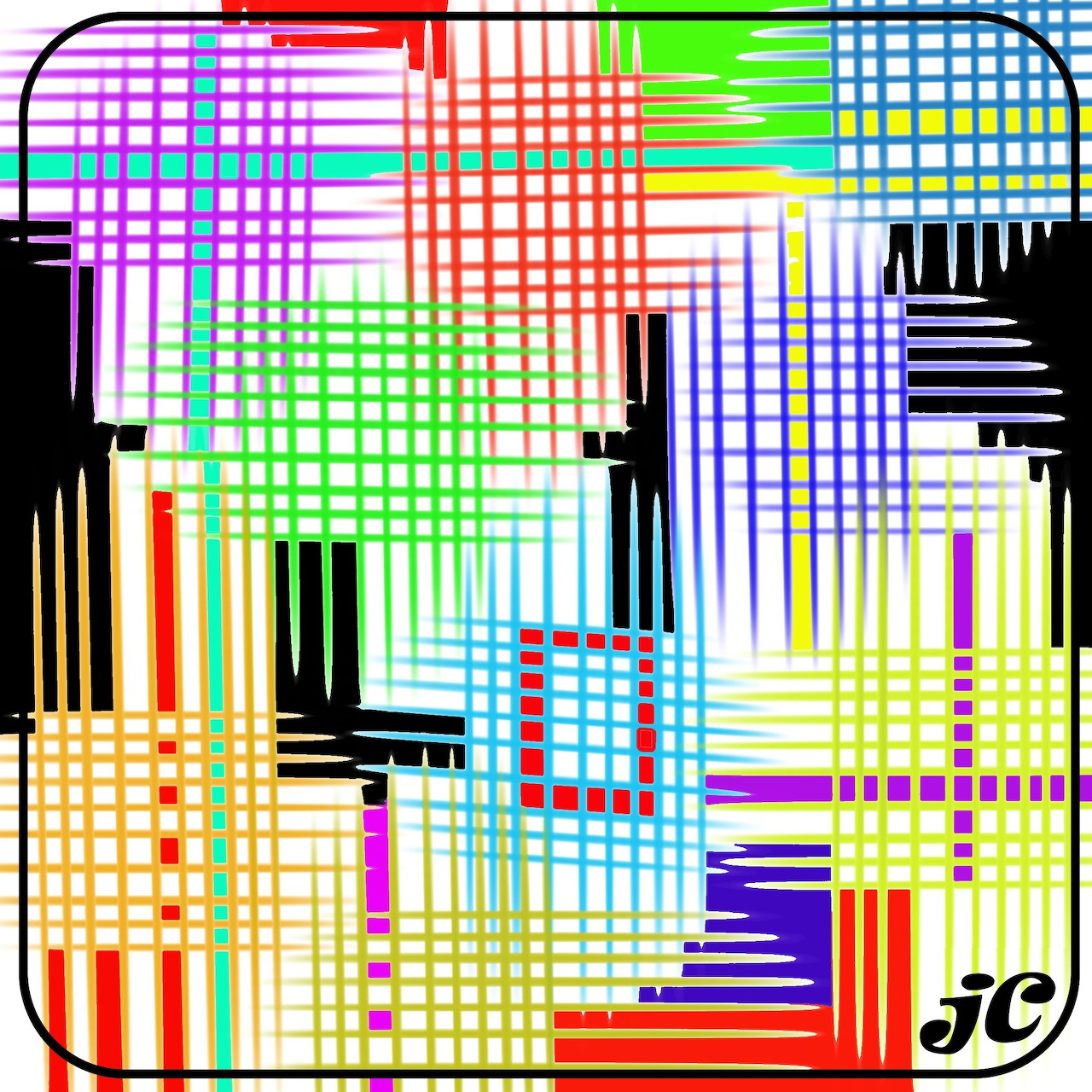 Colorful abstract art with overlapping grid patterns, stripes, and geometric shapes in bright rainbow hues