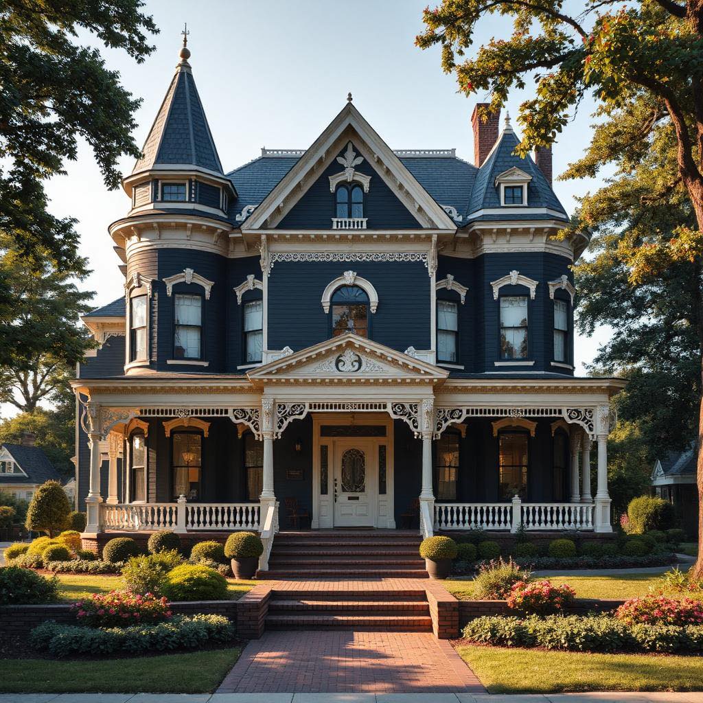 Victorian mansion with blue siding, white decorative trim, turret, and front porch surrounded by autumn foliage