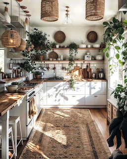 Bright bohemian style kitchen with plants, wicker lights, white cabinets and wooden counters in warm sunlight
