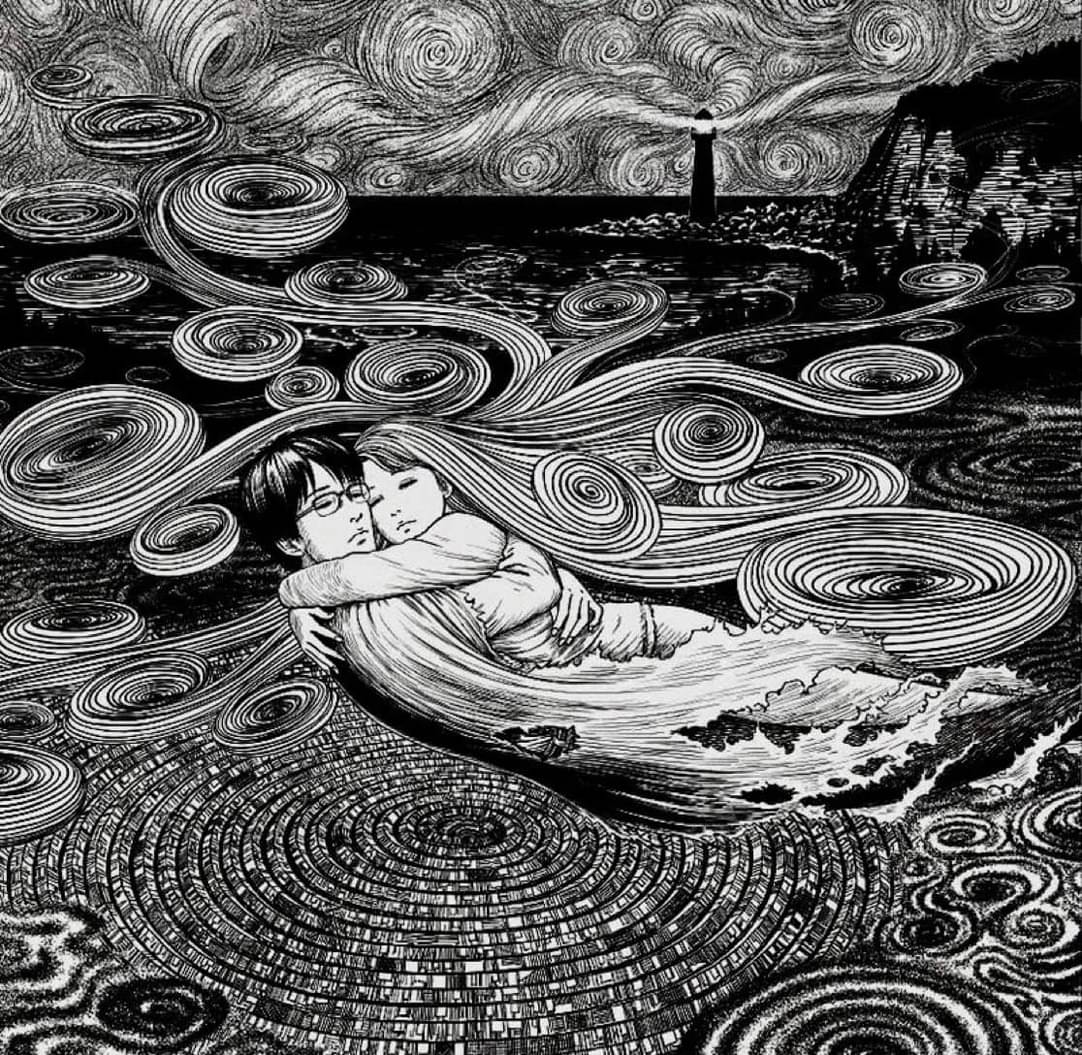 Black-and-white drawing of a couple embracing in swirling water beneath a dramatic sky