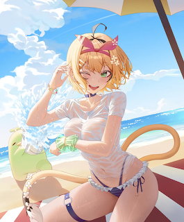 Anime cat girl with blonde hair in wet white shirt at a beach holding a green drink under a parasol