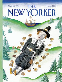 Illustration of a pilgrim tied with rope on snowy hills, surrounded by turkeys and pine trees