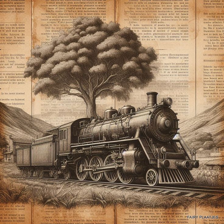 Sepia illustration of a vintage steam train on tracks with a large tree and text background