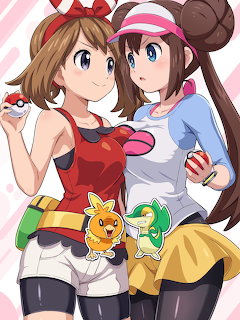 Anime illustration of Pokémon trainers May and Rosa posing with Torchic, Pikachu, Snivy, and Tepig