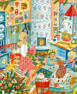 Children decorating a colorful Christmas room with tree, gingerbread house, and festive ornaments in vintage style