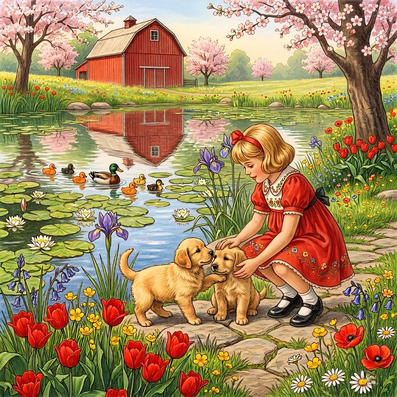 Girl with Puppies by Lake