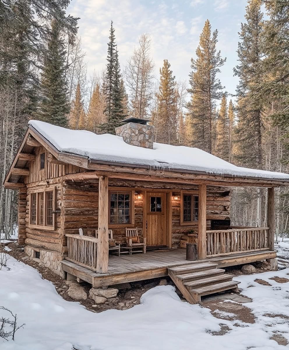 Small wooden cabin surrounded by trees in a peaceful forest