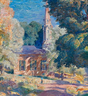 Impressionist oil painting of brick church with steeple among colorful autumn foliage