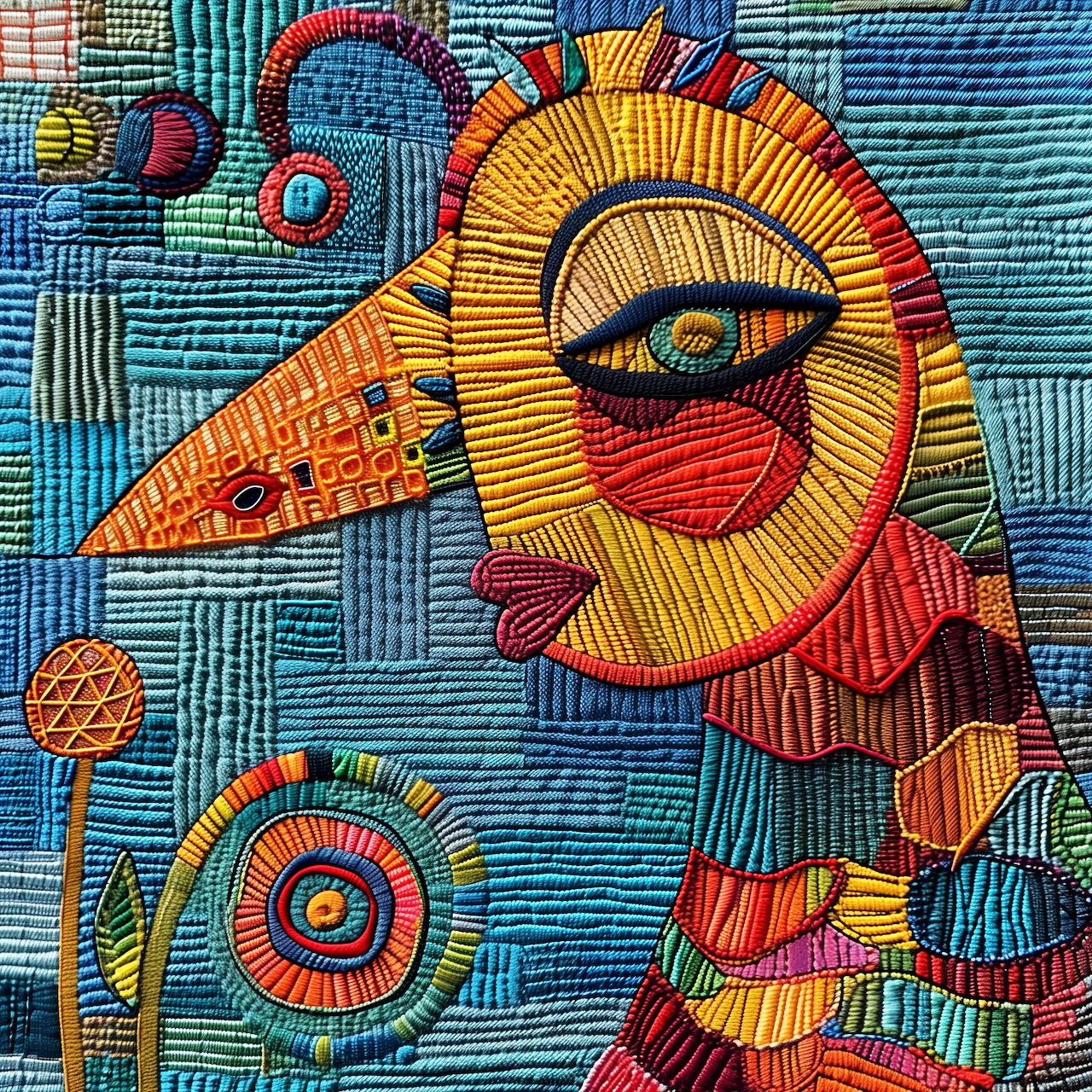 Abstract cubist textile art with stitched geometric faces and patterns in vibrant colors