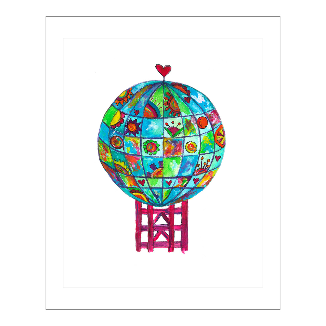 Colorful patchwork sphere on geometric tower with heart on top