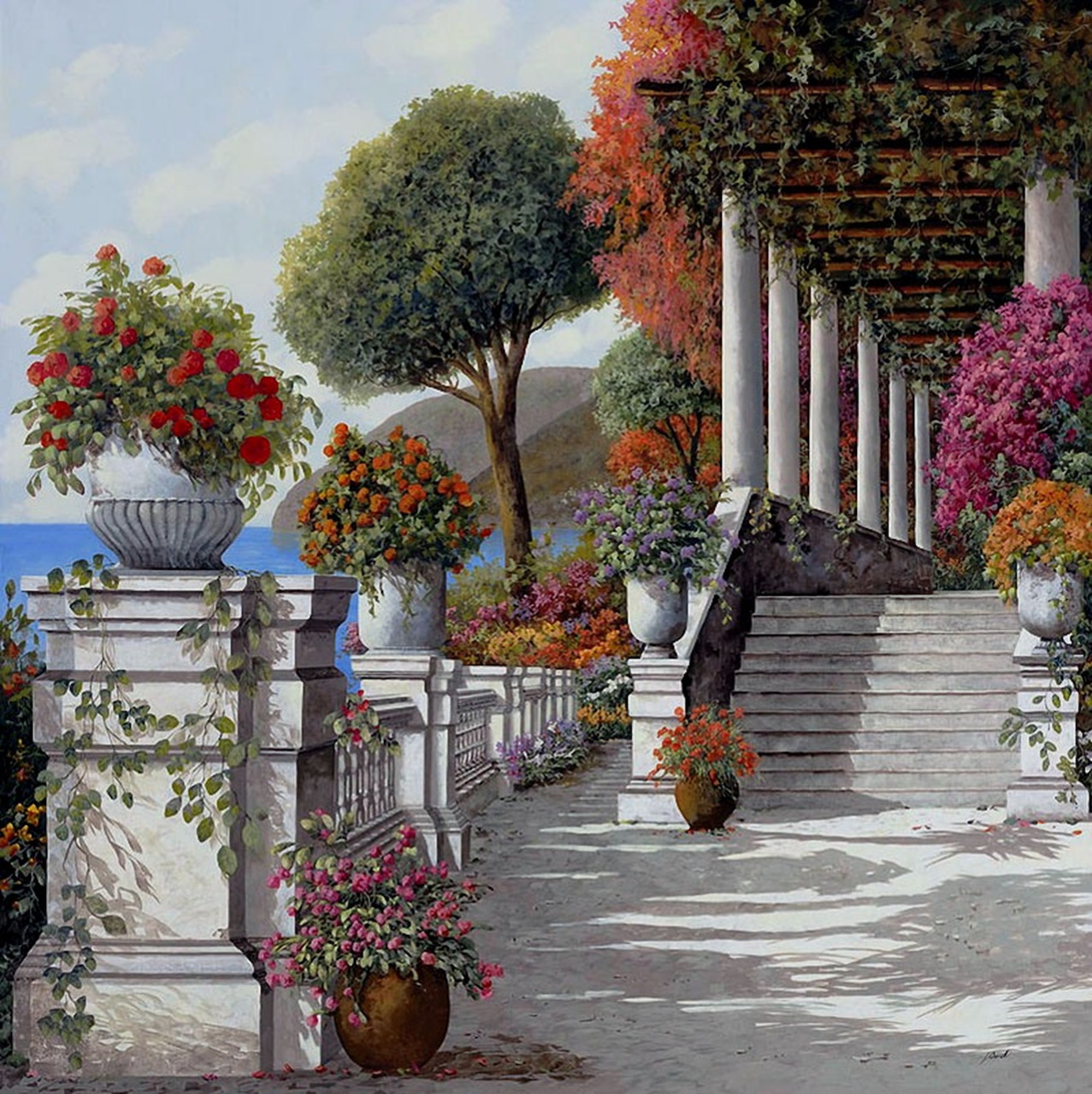Painting of a flower-filled terrace with white columns, steps, and a sea view