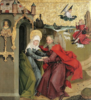 Medieval painting of two figures embracing at a gate with an angel flying above against a gold background