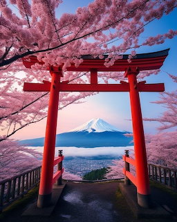 Red torii gate framing Mount Fuji with pink cherry blossoms on either side