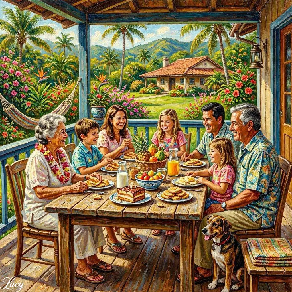 Painting of a family eating together on a tropical porch with flowers, palm trees, and a dog