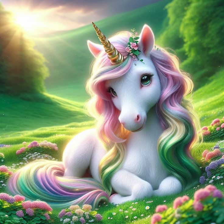 White unicorn with rainbow mane lying in a flowery meadow under a golden sky