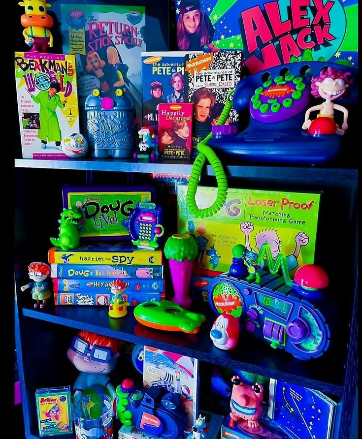 Shelves filled with colorful retro toys, books, and cartoon character merchandise under neon lighting
