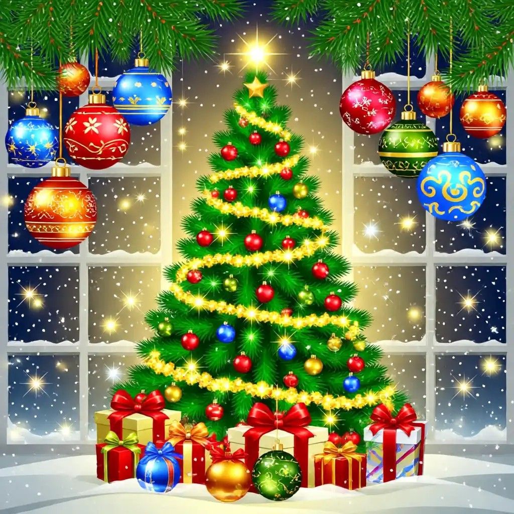 Festive Christmas tree decorated with colorful ornaments and lights, gifts below, snow visible through window