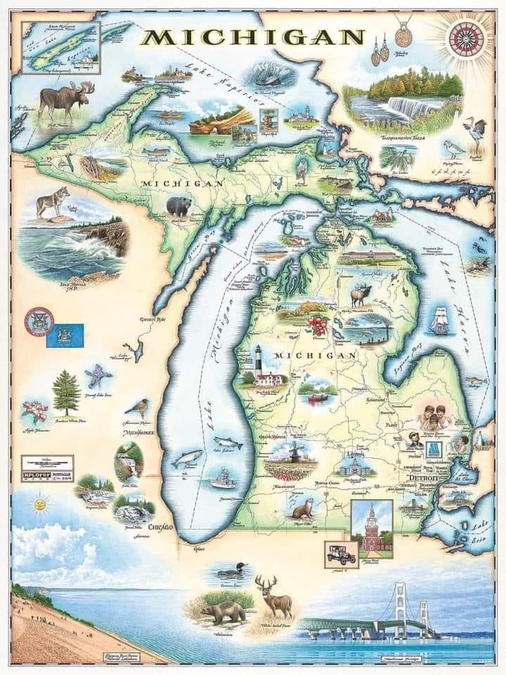 Illustrated map of Michigan with hand-drawn landmarks, animals, and points of interest