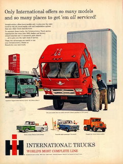 Vintage 1960 International Trucks ad showing red and white trucks with company logo and tagline