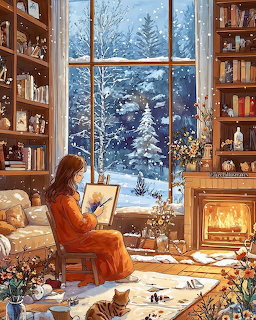 Woman painting in a cozy room with a fireplace, cat, and snowy trees outside a large window