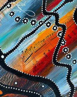 Abstract painting with colorful dots, curved lines, and geometric patterns in blue, orange, and red tones