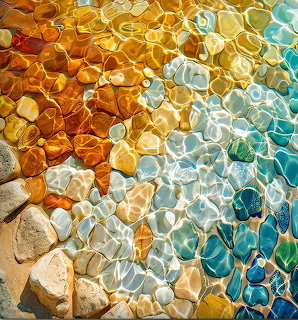Colorful sea glass pieces in orange, yellow, white, and teal arranged on a light surface