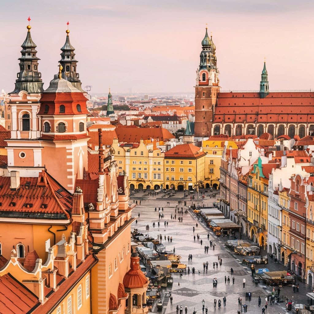 Historic city square and church towers in Krakow, Poland, seen from above