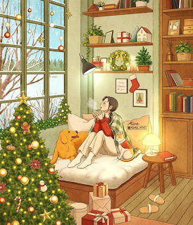 Illustrated girl sitting on a bed with a dog near a Christmas tree in a cozy decorated room
