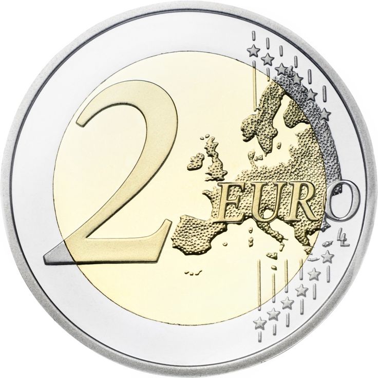 Close-up of a 2 euro coin with the number 2 and map of Europe