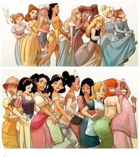 Two rows of Disney princesses standing together in illustrated art style