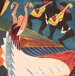 Modernist painting of a Spanish dancer with two guitarists behind her