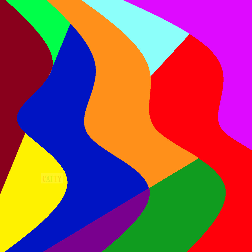 Abstract art with bold curved shapes in bright red, blue, green, yellow, orange, cyan, and magenta colors