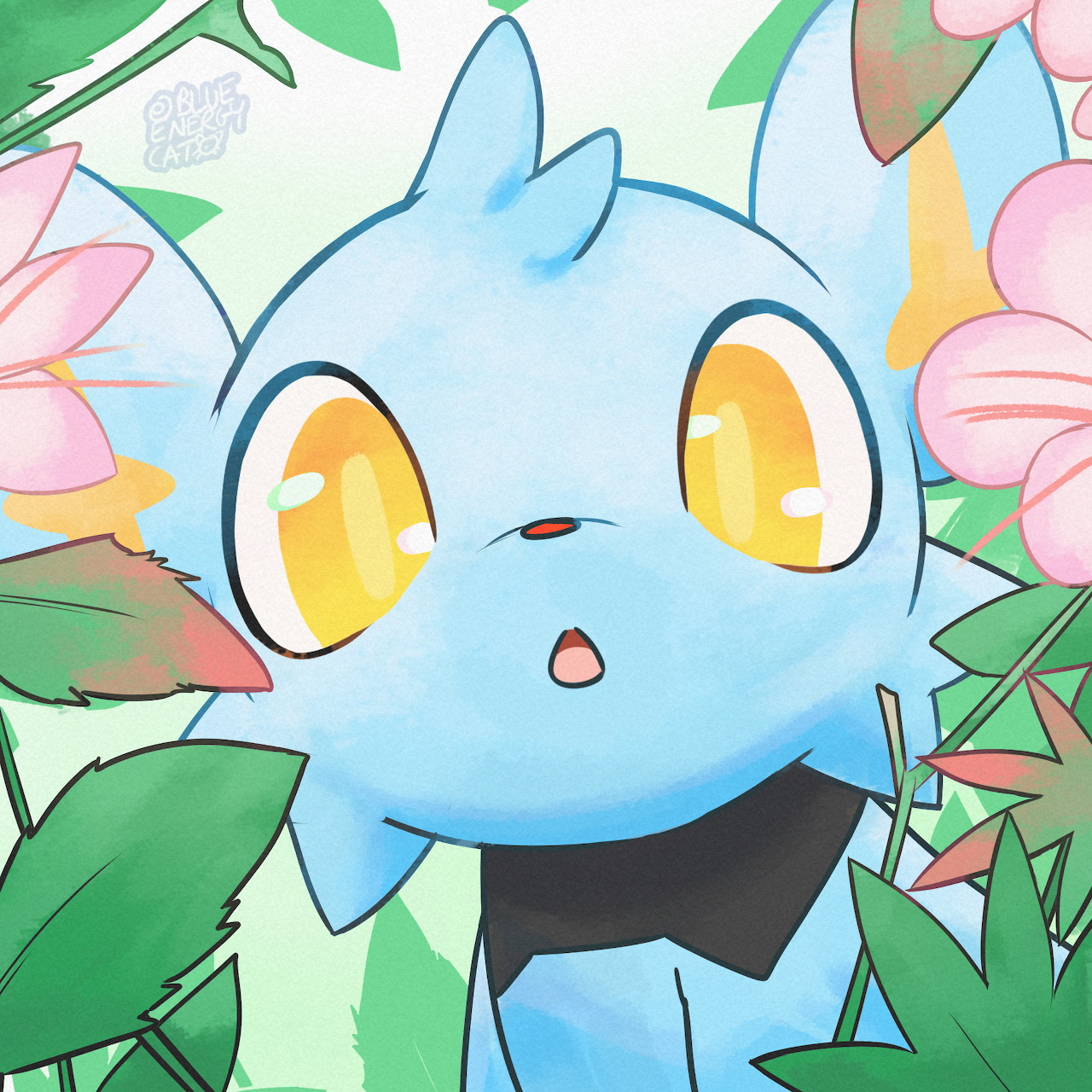 Blue Shinx Pokemon with large yellow eyes among pink flowers and green leaves