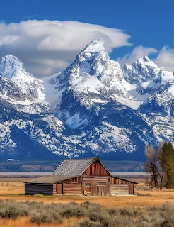 Wooden barn in a field with snow-covered mountains and blue sky behind it