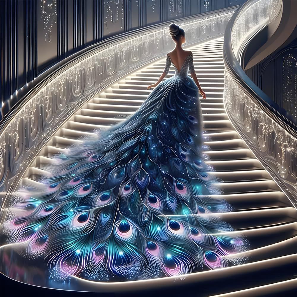 Woman wearing elaborate peacock feather dress descending ornate spiral staircase with crystal chandeliers