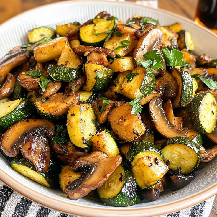 Bowl of sautéed zucchini and mushrooms with herb garnish