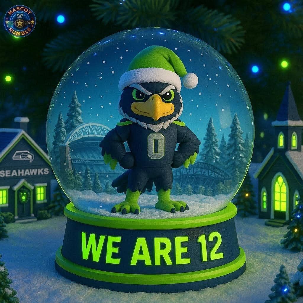 Stylized Seahawks bird mascot in a snow globe with snow, winter houses, and glowing lights