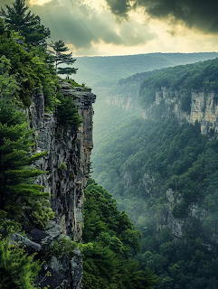 Tall rocky cliff with trees on top overlooking a forested gorge under cloudy skies