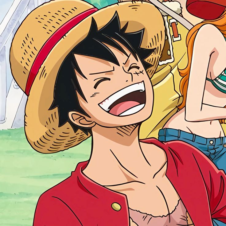 Anime character with straw hat laughing with arms raised outdoors