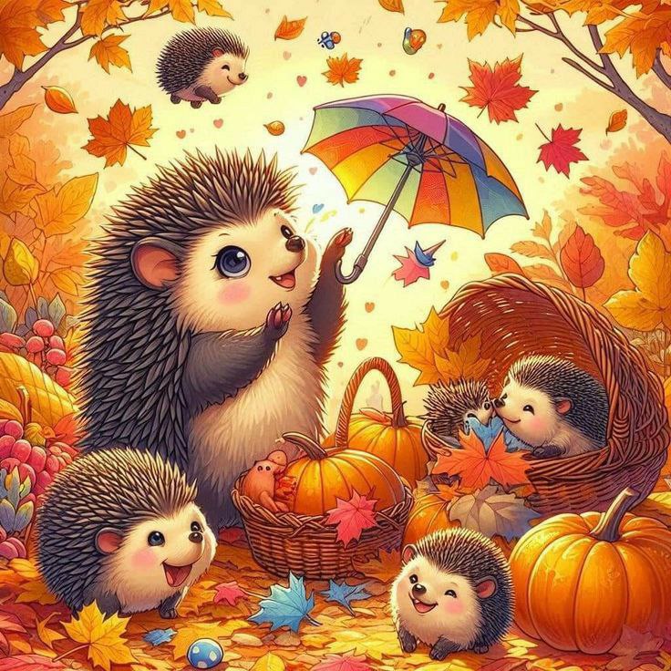Autumn Hedgehogs with Umbrella